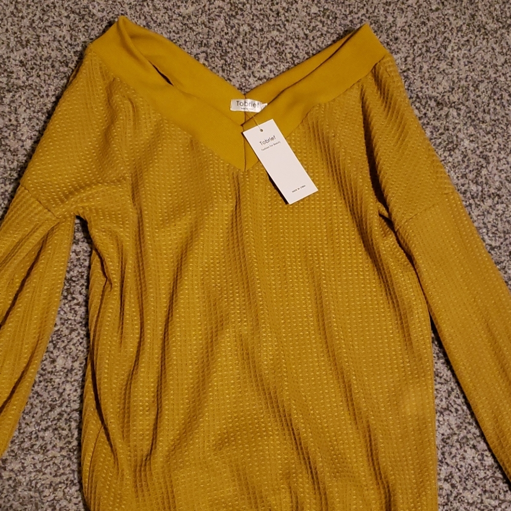 Tobrief Women's V Neck Long Sleeve Waffle Knit Top